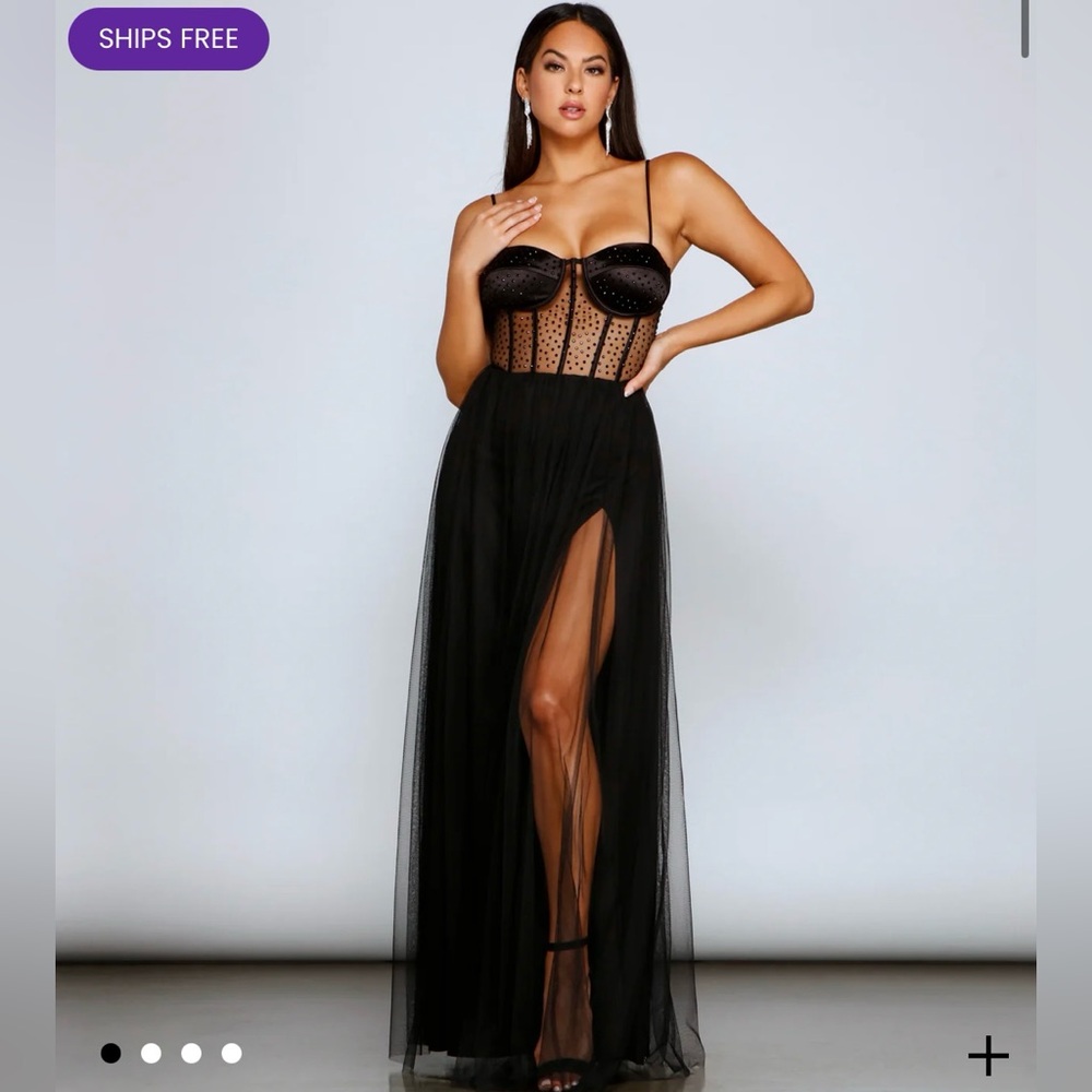 Windsor Black Mesh Tulle Bustier Corset Maxi Formal Occasion Dress